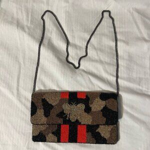 Shirdee Red Black Gold Striped Queen Bee Beaded Ladies Evening Handbag Purse